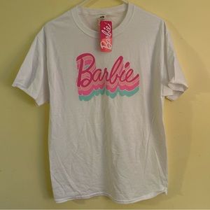 Barbie T-Shirt Women M Barbie Spelled Pink On White Tee Retro Logo Cotton NWT